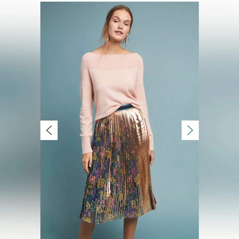 NWOT Anthropologie Maeve Pleated Printed Gold Floral Midi Knee Length Skirt 6 S - Picture 2 of 8